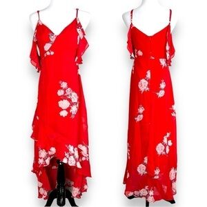 Lulus Love in Bloom Red Floral Print Off-the-Shoulder High-Low Dress M Romantic